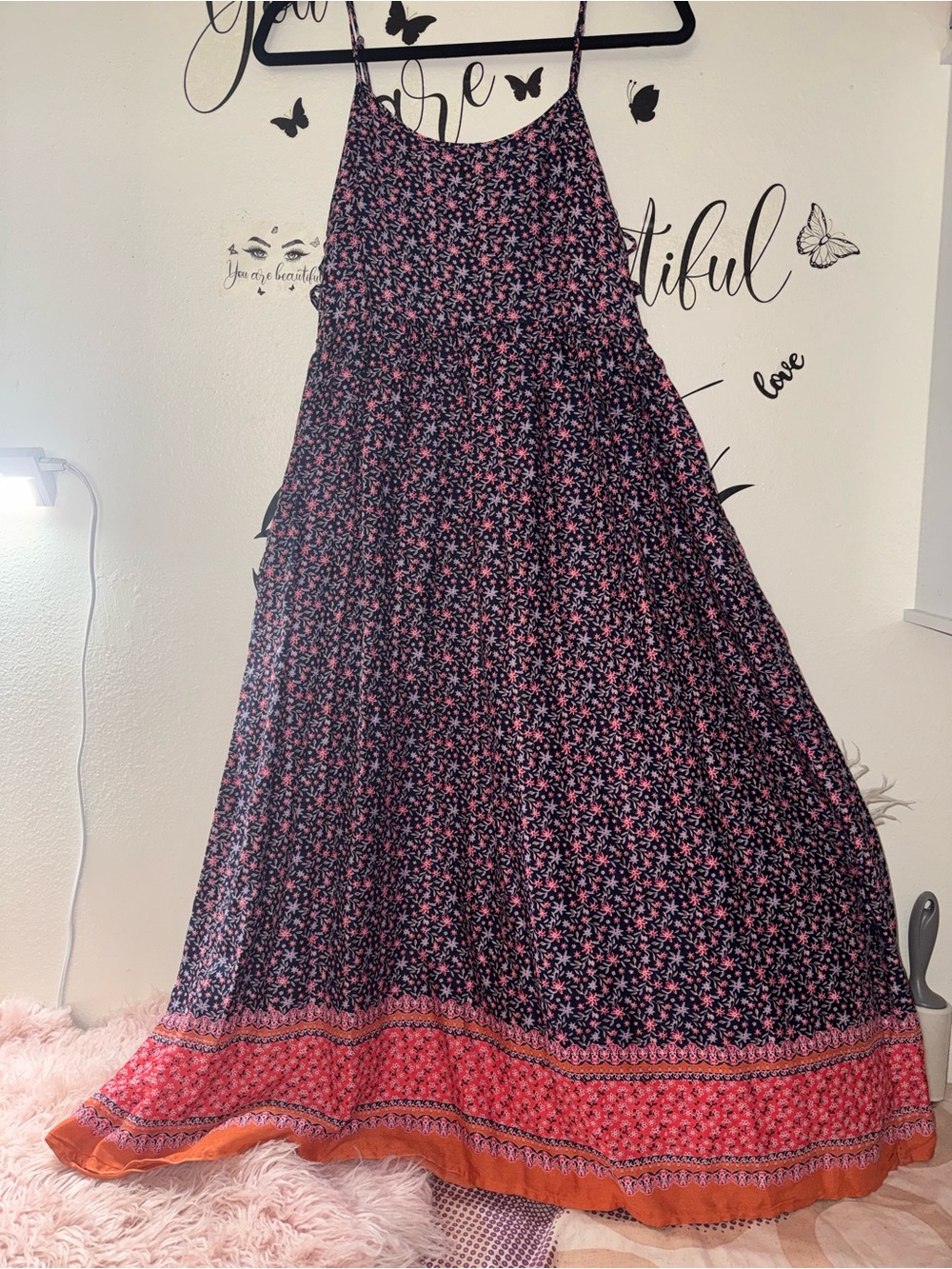 Pinky Black Floral Maxi dress with Pink-Orange Border. Size M/PL
